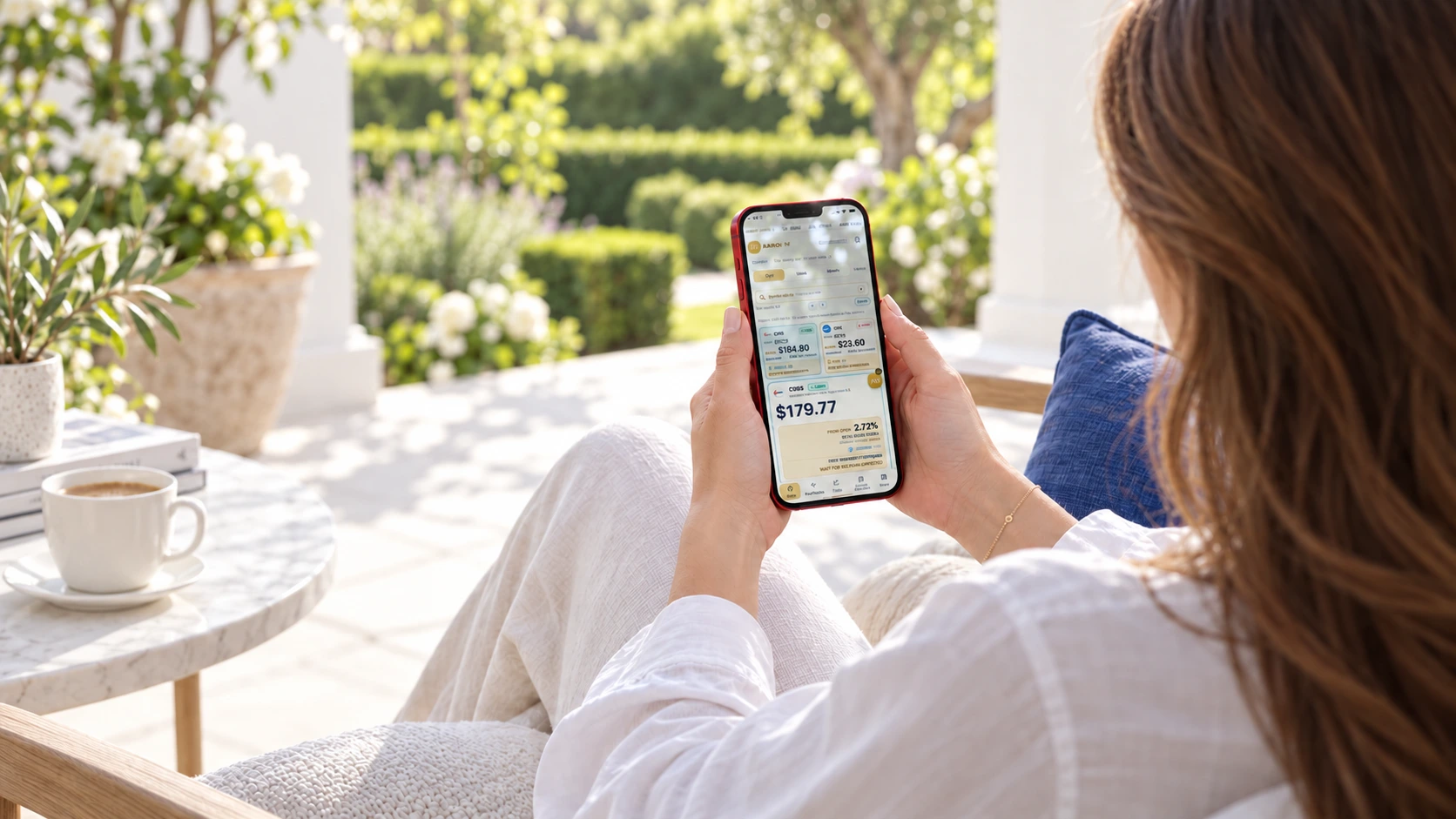 A woman in a white shirt viewing the AARON app on a red phone in a sunlit garden.