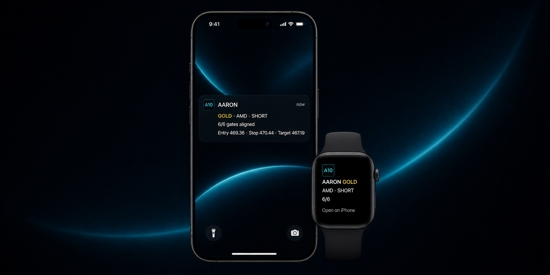 AARON GOLD notification displayed on a front-facing slim iPhone and mirrored to a proportional front-facing Apple Watch